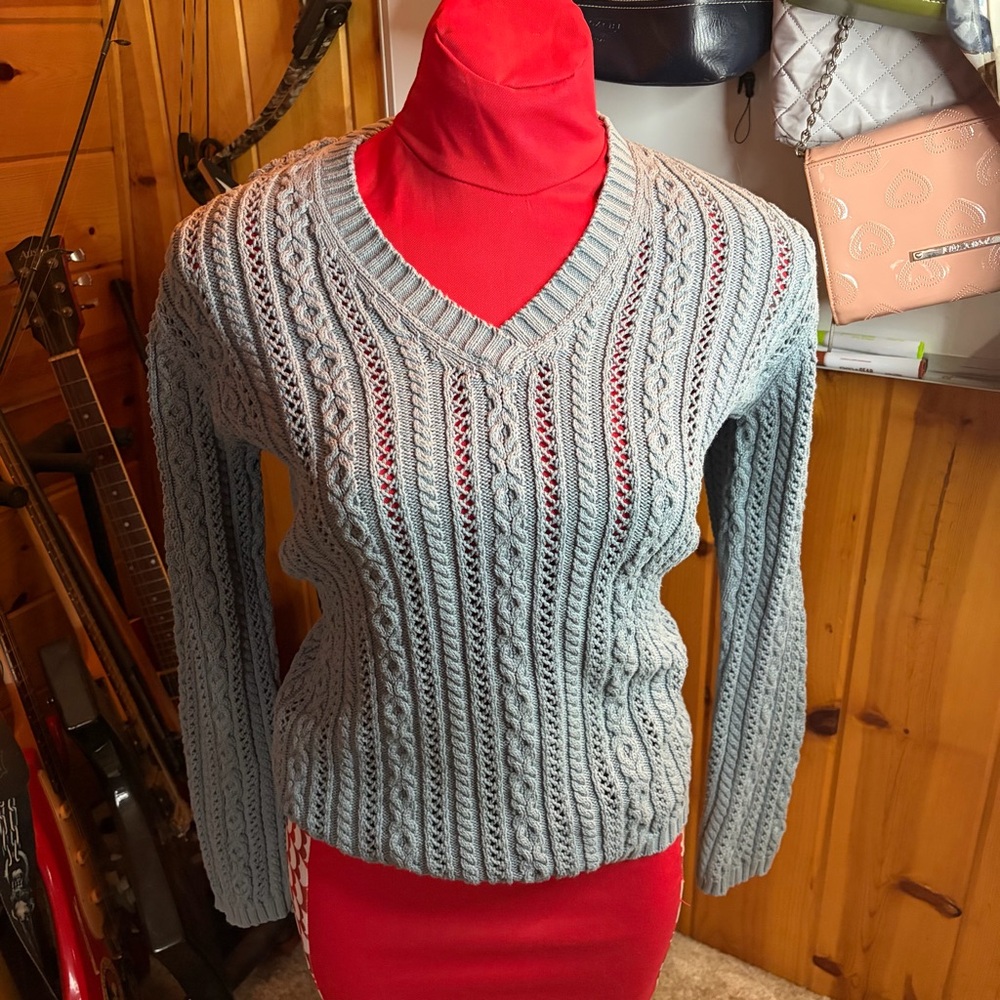 LRL Ralph Lauren Womens Cotton cable knit Teal Sea blue sweater Size L Fishermen